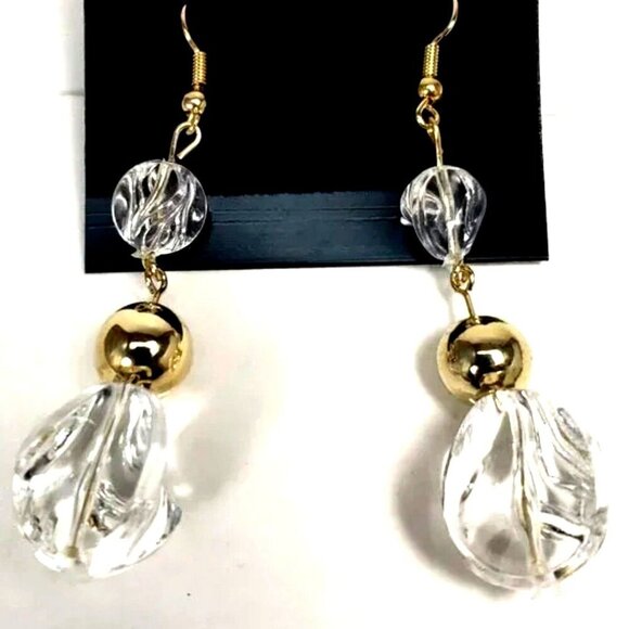 Clear Twisted Bead Drop Earrings w/ Gold tone Accent Modern Statement Dangle - Picture 1 of 10